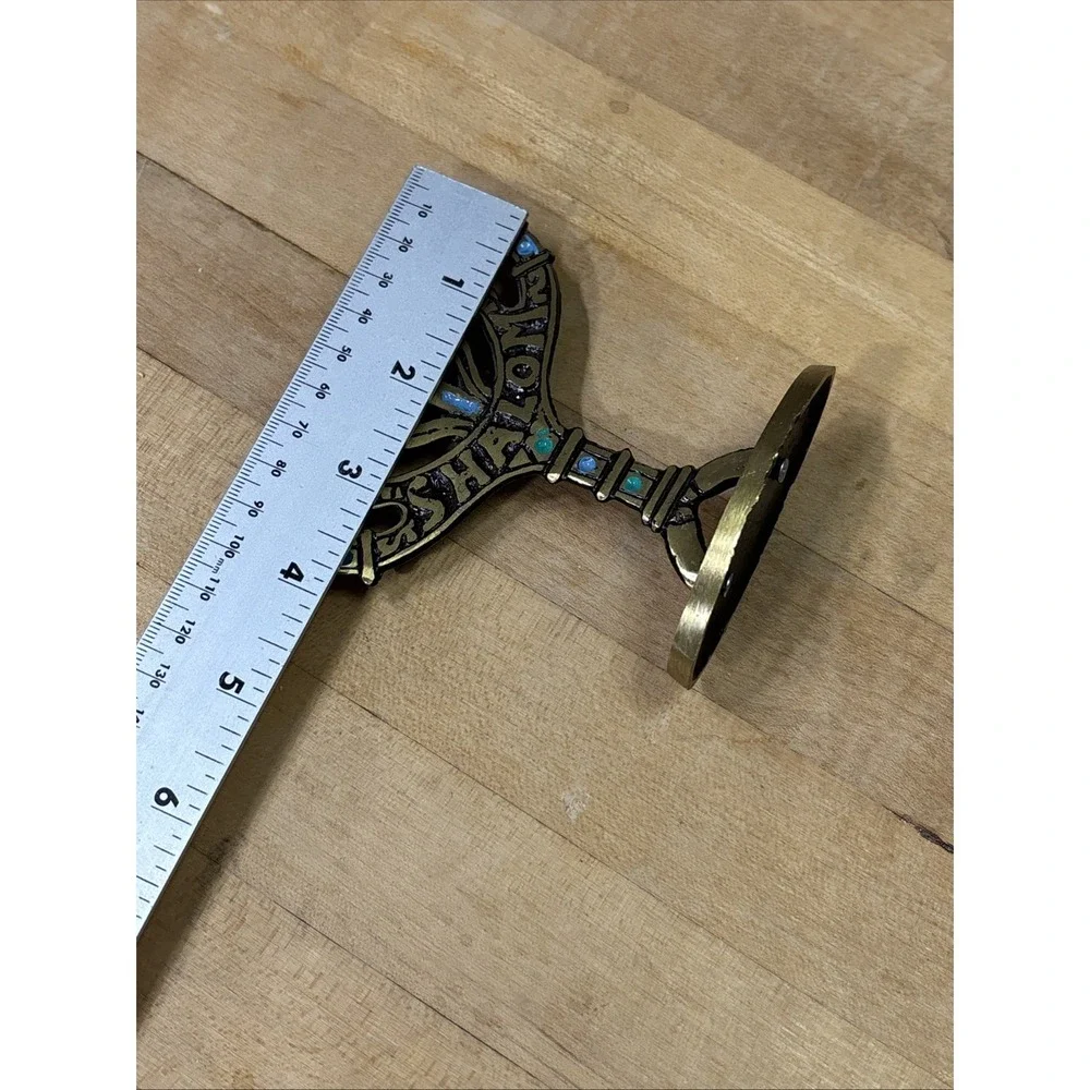 Vintage Brass Shalom Jerusalem 7 Branch Menorah Judaica Candle Holder Enamel